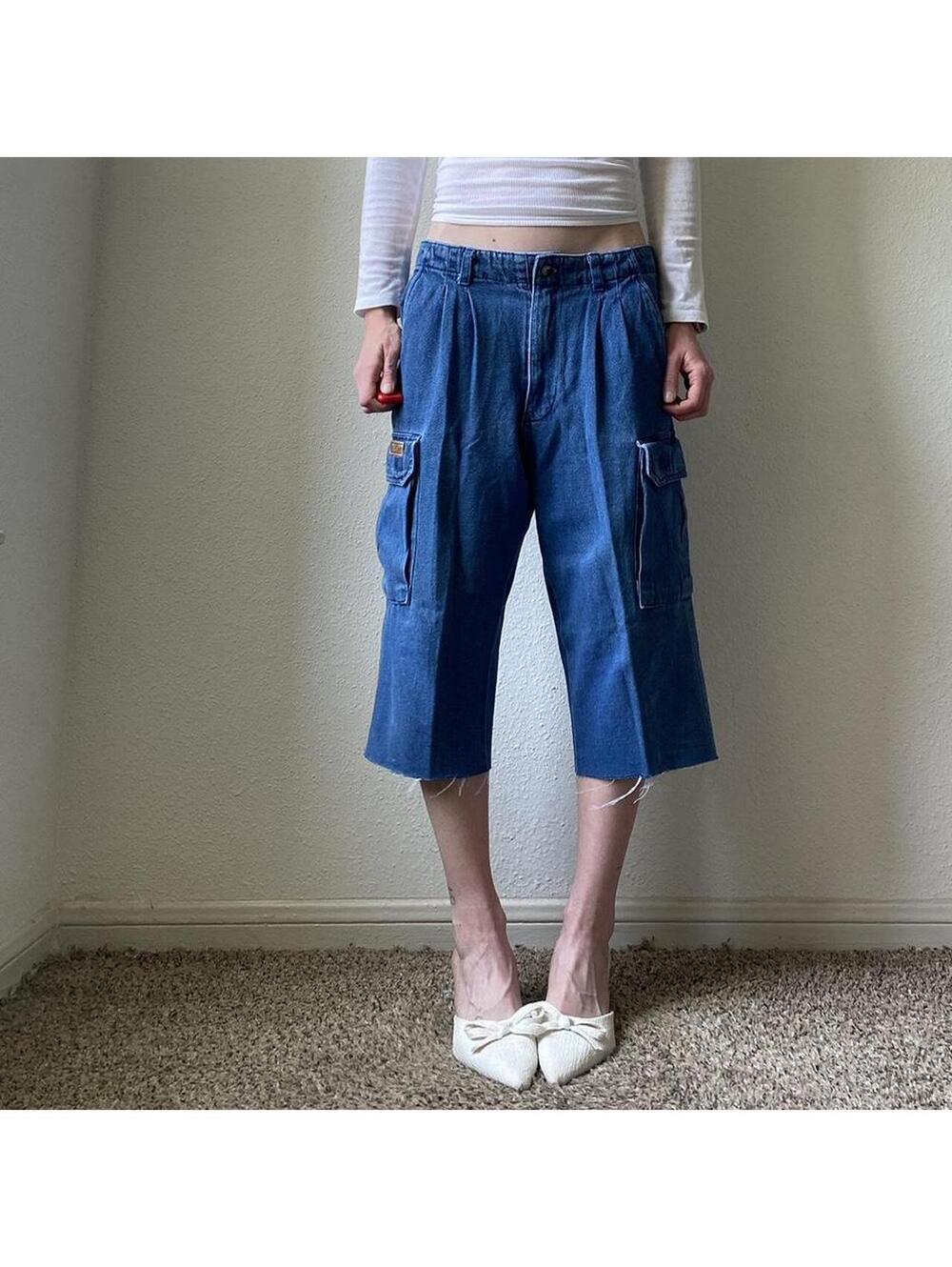 Vintage y2k pleated low rise wide leg  cargo cropped denim jeans / capris